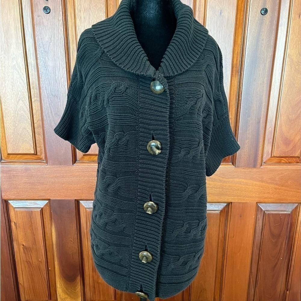 Talbots Black Short Sleeve Chunky Cotton Cable Knit Button Sweater Size 1X